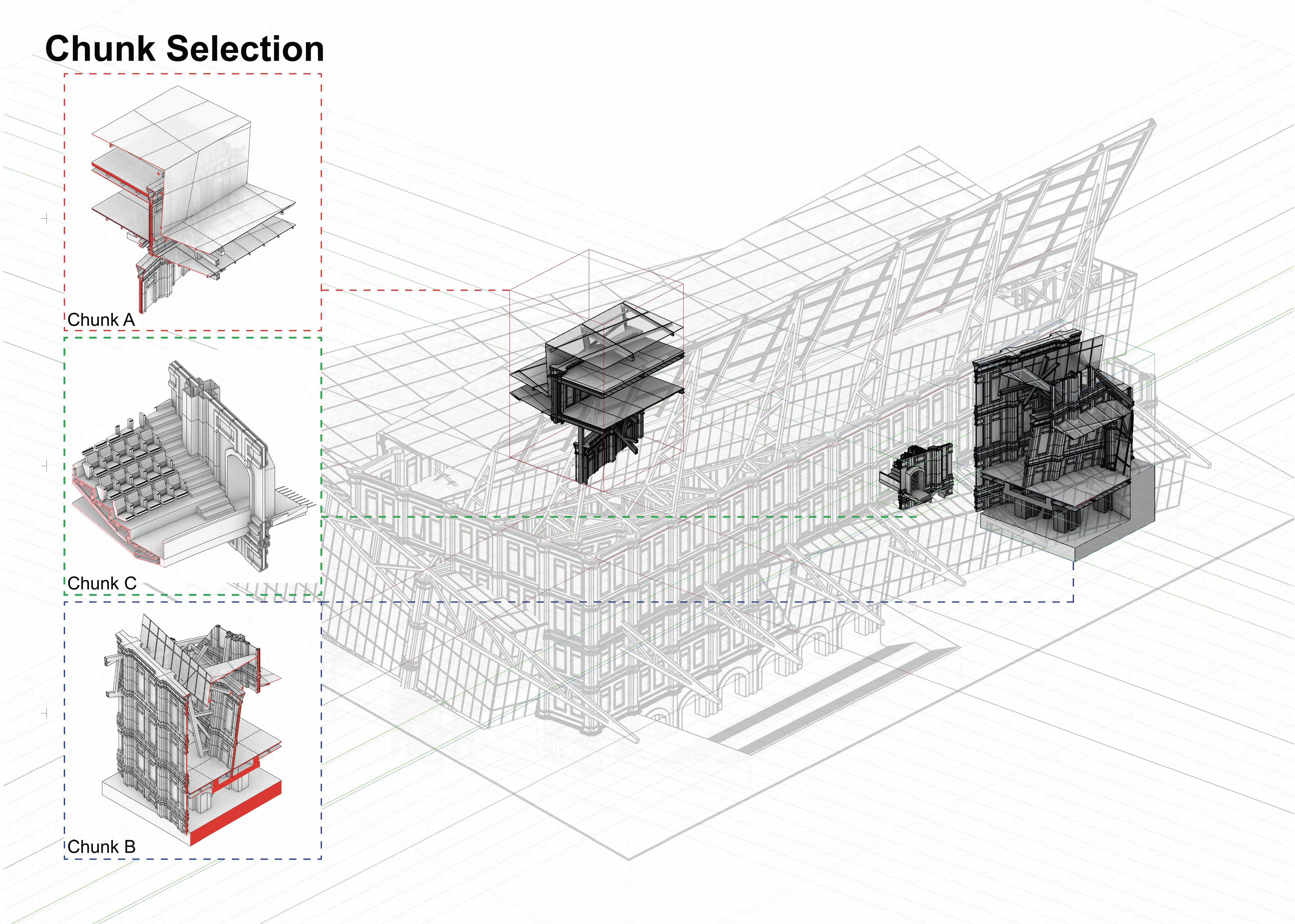 Chunk Selection A, B, C in context of full building axonometric